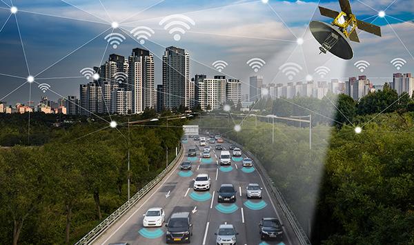 Smart car, Autonomous self-driving mode vehicle on metro city road IoT concept